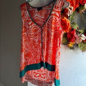 Nicole Miller Orange Graphic Tie Front Blouse